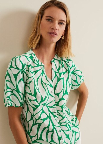 Phase Eight Louanna Linen Printed Shirts Green/White Australia | AC5014983